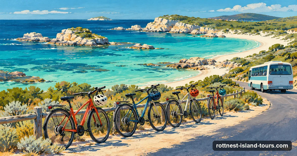 Illustration: hire bicycles with helmets beside a quiet Rottnest road, with a small tour bus further along and a turquoise bay behind