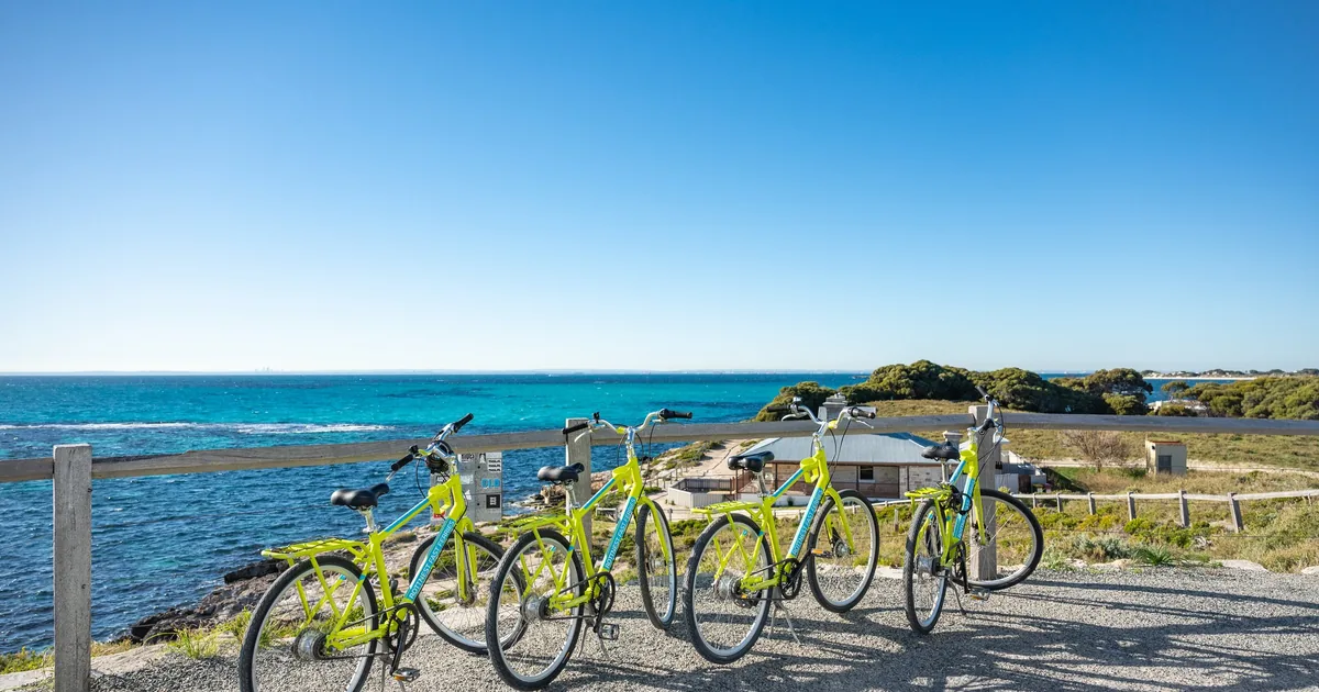 A row of yellow hire bikes parked along a railing above a turquoise bay on Rottnest Island