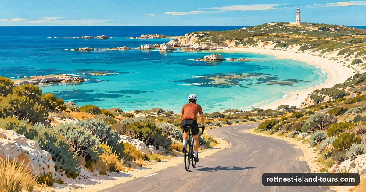 Illustration: a cyclist on a quiet road above a turquoise bay on Rottnest Island, with a lighthouse on a distant hill