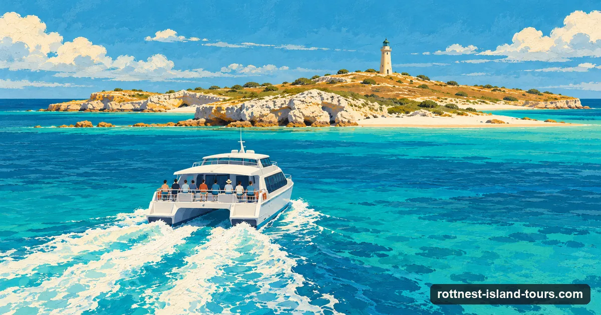 Illustration: a fast white catamaran ferry crossing turquoise water toward low Rottnest Island and its lighthouse
