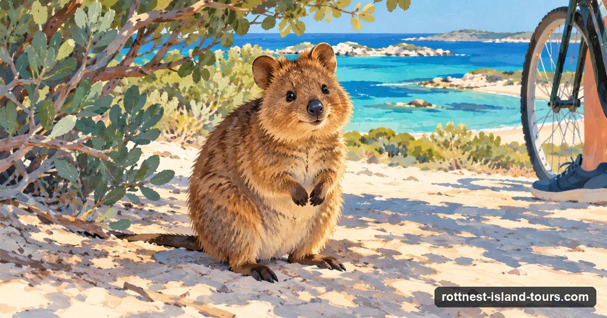 Illustration: a quokka sitting upright on sandy ground under a shrub on Rottnest Island, with a visitor keeping their distance