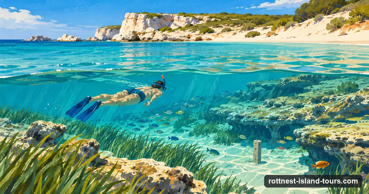 Illustration: a split view of a sheltered Rottnest bay, with a snorkeler over a limestone reef and fish below the surface