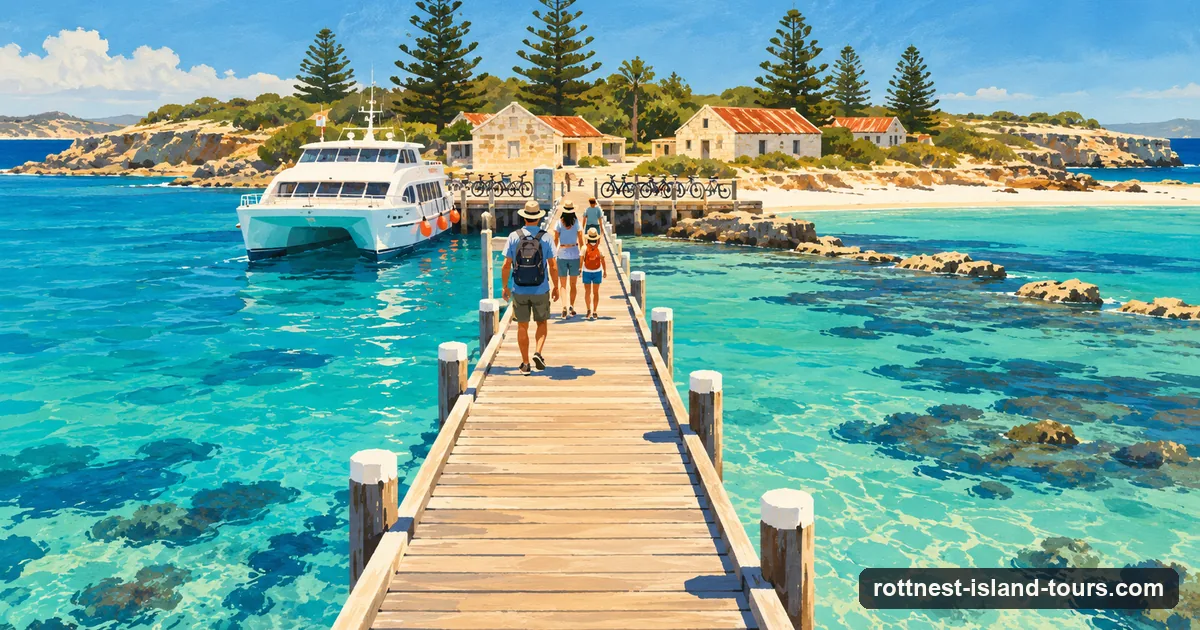 Illustration: day visitors walking up the jetty into the Rottnest settlement, with a ferry moored and bicycles lined up